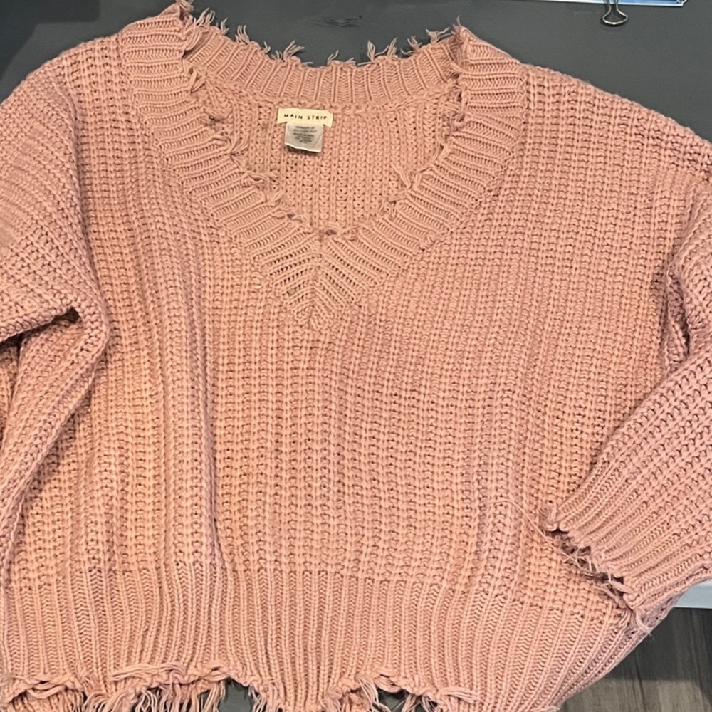 Main Strip Pink Frayed V-Neck Sweater
